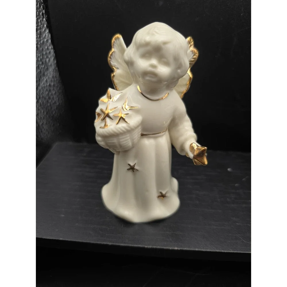 Vintage Ceramic Porcelain Angel holding Stars Gold Trimmed Bell ~ 4.0